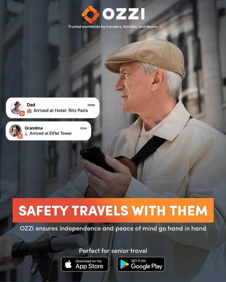ozziapp's tweet photo. Because sometimes ‘Did you get there safe?’ takes 3 hours to get an answer… 👀 With OZZI, it’s instant. 🚀  
No constant tracking — just the right alerts, at the right time. ❤️👴🏻👵🏻

#OZZI #TravelSafety #FamilySafety https://t.co/A4daKC2kIn
