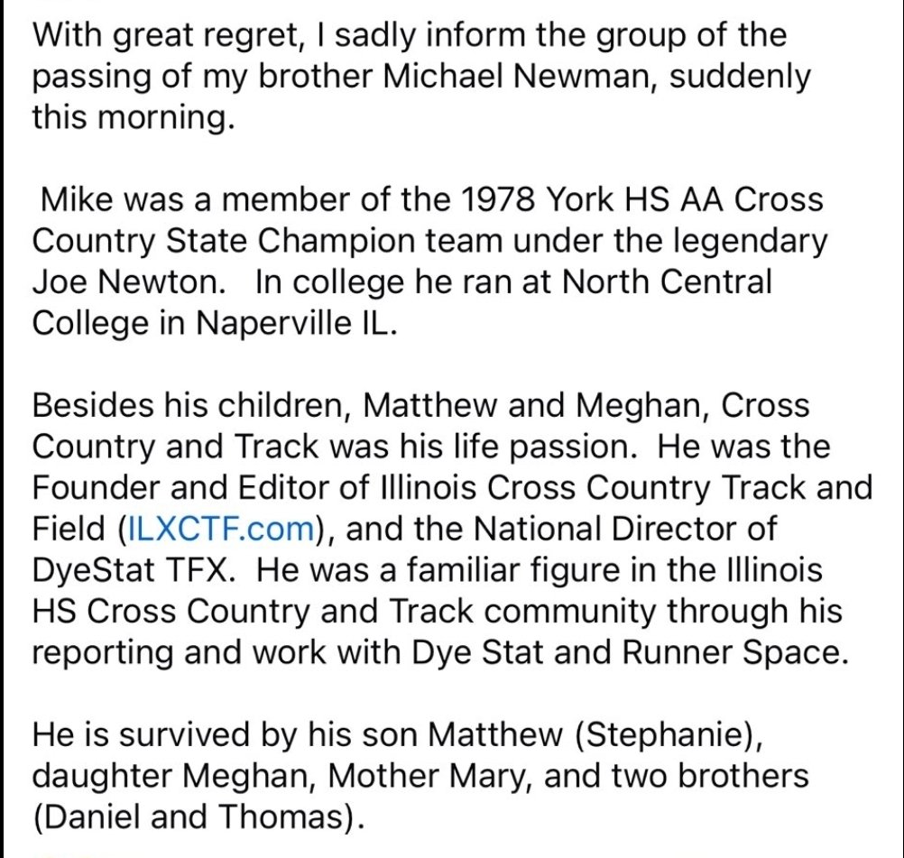 SJORunning's tweet photo. We're saddened to hear about the passing of Mike Newman. Mike was the man who kept the wheel turning when it came to running news in Illinois. One of our athletes was able to work hand in hand with Mike as he was willing to post his videos on his website. He will be missed. https://t.co/8uiDzbXCJV