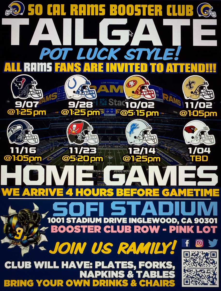 SoCalRamsBC's tweet photo. Mark Your Calendar and JOIN the #SoCalRamsBoosterClub this season for TAILGATE or Away Games in 2025! #RamsHouse #SoCalRams https://t.co/yvTMlAusk6