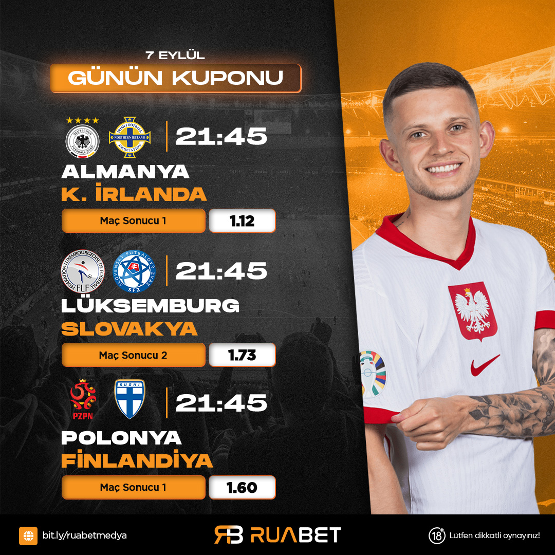 🔥 7 Eylül Günün Kuponu hazır!

⚽ 21:45 Almanya 🇩🇪 🆚 K. İrlanda 🇮🇪 (1)
⚽ 21:45 Lüksemburg 🇱🇺 🆚 Slovakya 🇸🇰 (2)
⚽ 21:45 Polonya 🇵🇱 🆚 Finlandiya 🇫🇮 (1)

💥 Bugünün en güçlü tercihlerine sen de kupon yap!
🔗 ruabet138.com

⚠️ 18+ Lütfen sorumlu oynayınız.