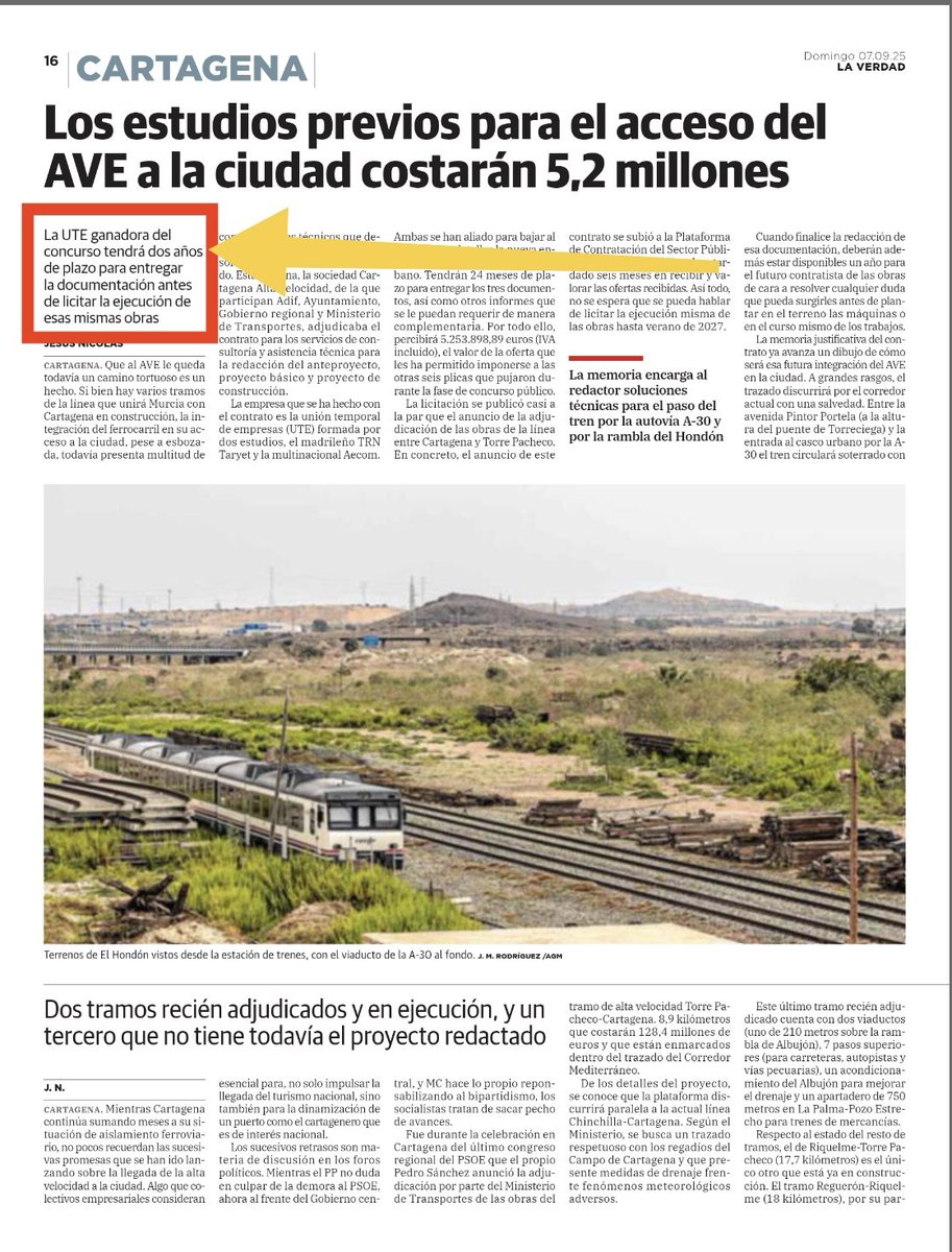 Lo del AVE es reírse d Cartagena y d los cartagener@s. 
Ahora 2 años más para entregar documentación d un tramo antes d lícitar la ejecución d esas obras (después corrije, lícita, ejecuta...)
Apostamos? Yo digo q no llegará a Cartagena antes d 2034/2035.