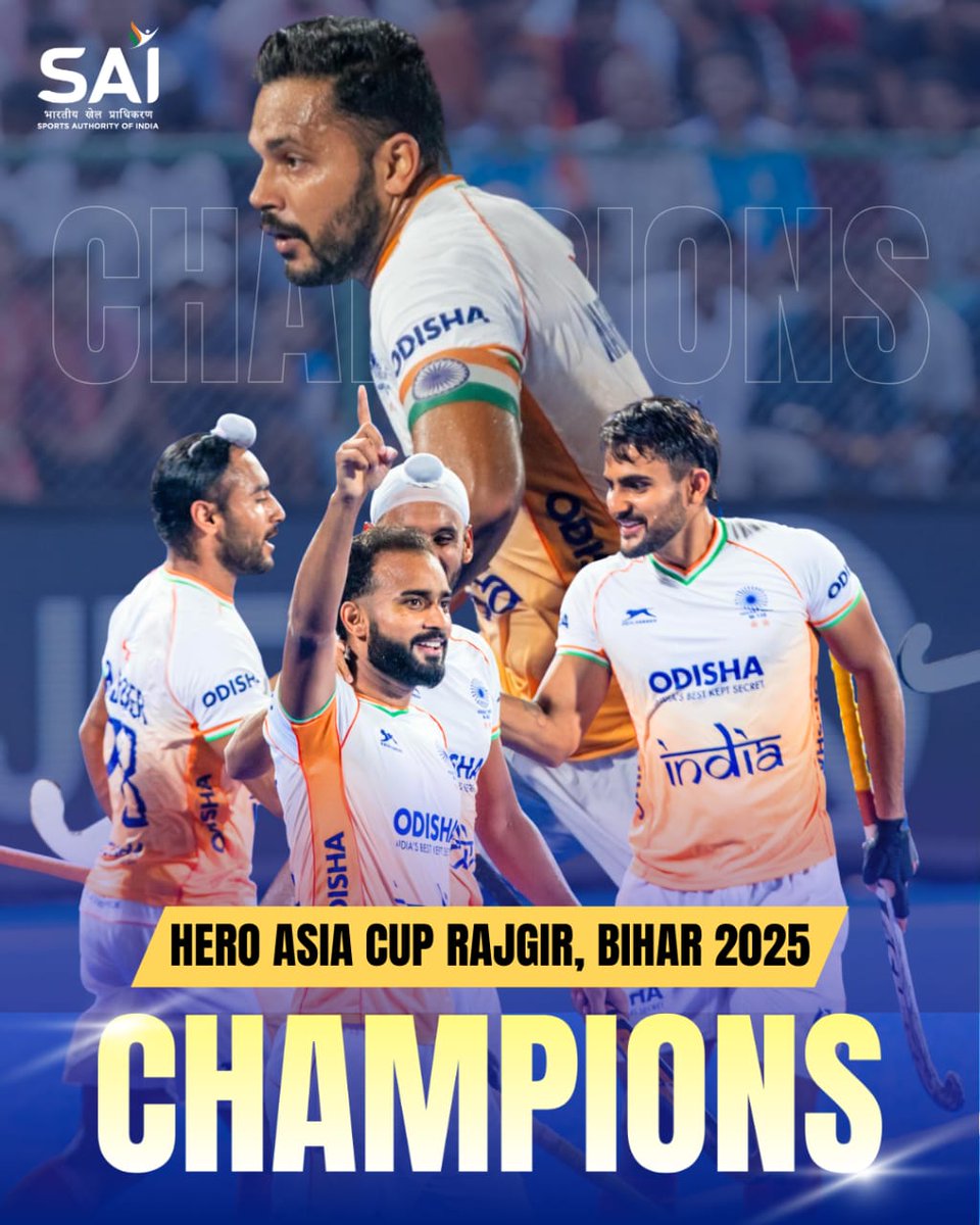 Media_SAI's tweet photo. CHAMPIONS!!!

Our #MenInBlue🔵 storm past defending champions Korea with a thumping 4-1 win to lift the Hero Men’s #AsiaCup2025 🏆

This is India’s 4th Asia Cup crown since 1982 and with it comes a ticket to the 2026 #WorldCup in Belgium and the Netherlands!!!🥳🥳

#ChakdeIndia in full glory 💙🇮🇳

#AsiaCup2025 #TeamIndia #Hockey #IndianHockey