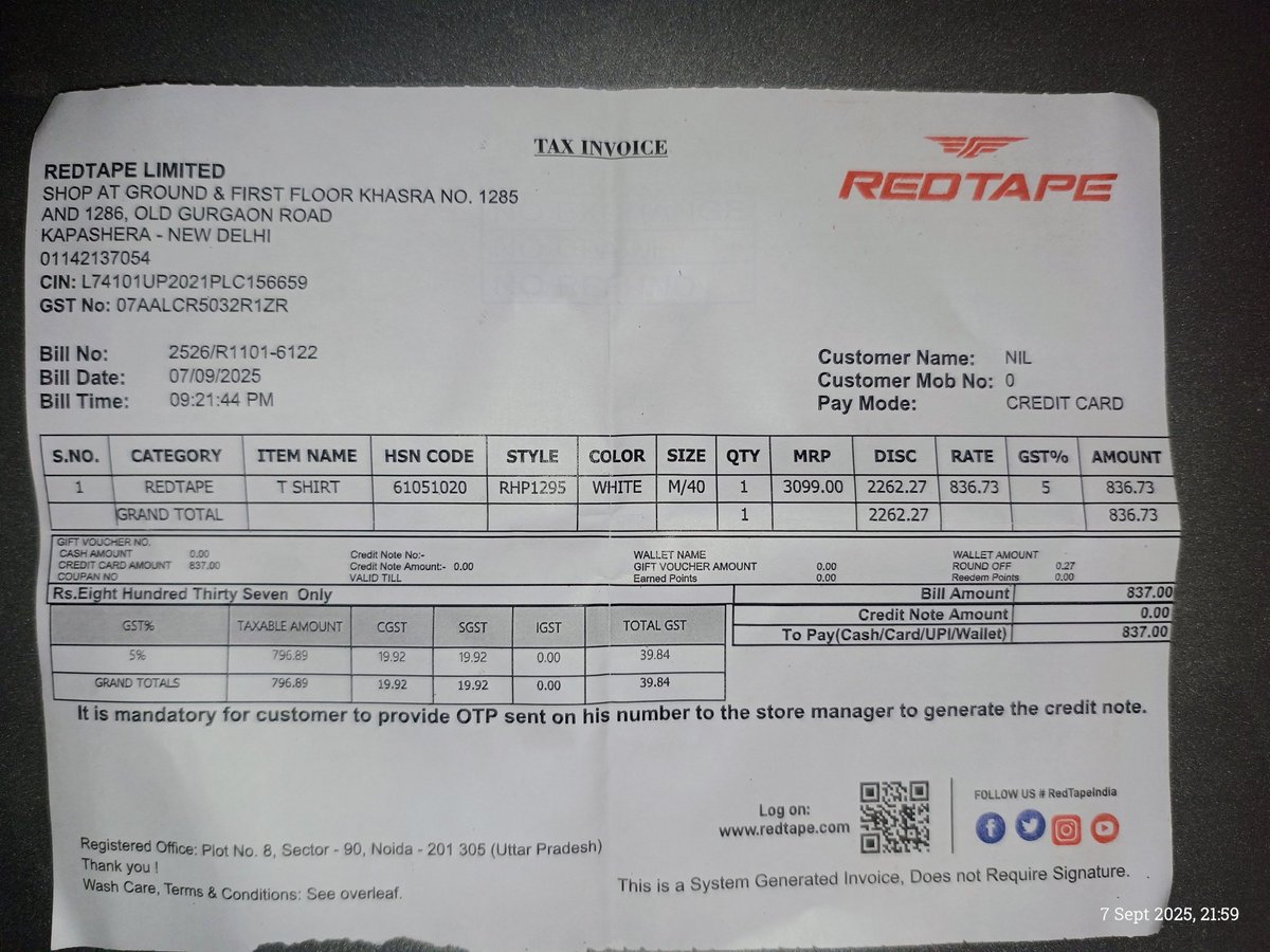 _sharmashutosh_'s tweet photo. @RedTapeindia Hello dear, I bought a tshirt from redtape factory outlet and it costed me for 837/- and on Myntra it's ok 561/-. Can you please clarify this. https://t.co/SUhhyfUkEB