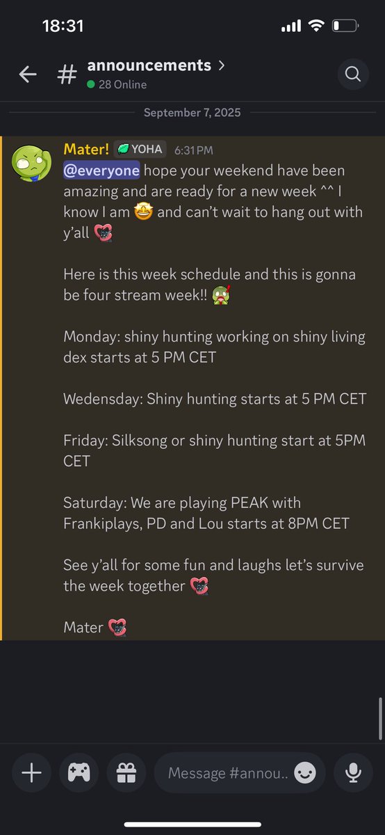 This week schedule ^^ Saturday we are hanging out with @frankiplays @pdtheslime and Lou^^ can’t wait 🤩