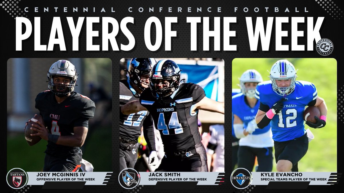 CentennialConference (@centennialconf) on Twitter photo 🏈 FB | PLAYERS OF THE WEEK
Offensive: <a href="/TartanFB/">Carnegie Mellon Football</a> Joey McGinnis IV
Defensive: <a href="/JHU_Football/">Johns Hopkins Football</a> Jack Smith
Special Teams: <a href="/FandMFootball/">F&M Football</a> Kyle Evancho
📰 bit.ly/3VIHWMZ
#IgnitingGreatness #CentConf #CCfb #d3fb 🏈 FB | PLAYERS OF THE WEEK
Offensive: <a href="/TartanFB/">Carnegie Mellon Football</a> Joey McGinnis IV
Defensive: <a href="/JHU_Football/">Johns Hopkins Football</a> Jack Smith
Special Teams: <a href="/FandMFootball/">F&M Football</a> Kyle Evancho
📰 bit.ly/3VIHWMZ
#IgnitingGreatness #CentConf #CCfb #d3fb