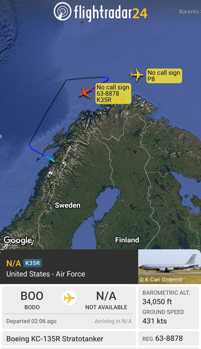 sipjack1776's tweet photo. P-8A 🇺🇲
#AE679D
Out of Keflavik tracking east over the Barents Sea.
Tanker support:
KC-135R
#AE05B1/63-8878 🇺🇲
Out of Bodø
@Borrowed7Time @N214WN https://t.co/YplNJdWPR7