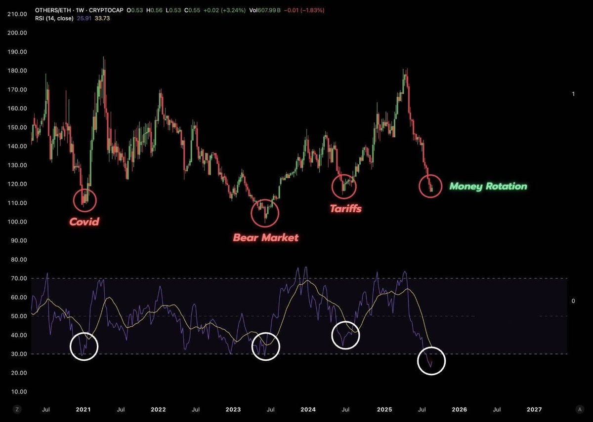 📊 The weekly RSI for Others/ETH (altcoin market relative to Ethereum) has just reached a critical low, a level that has historically marked major reversals in the market.

Every time RSI dropped below 30 in the past three years, it was followed by a powerful altcoin recovery.