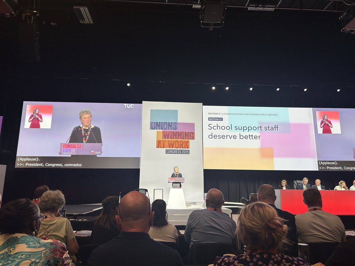 GMB National President Barbara Plant, addressing #TUC2025 about the School Support Staff Negotiating Body and calling on Govt to ensure it delivers national terms and conditions, fair pay and training for all support staff.