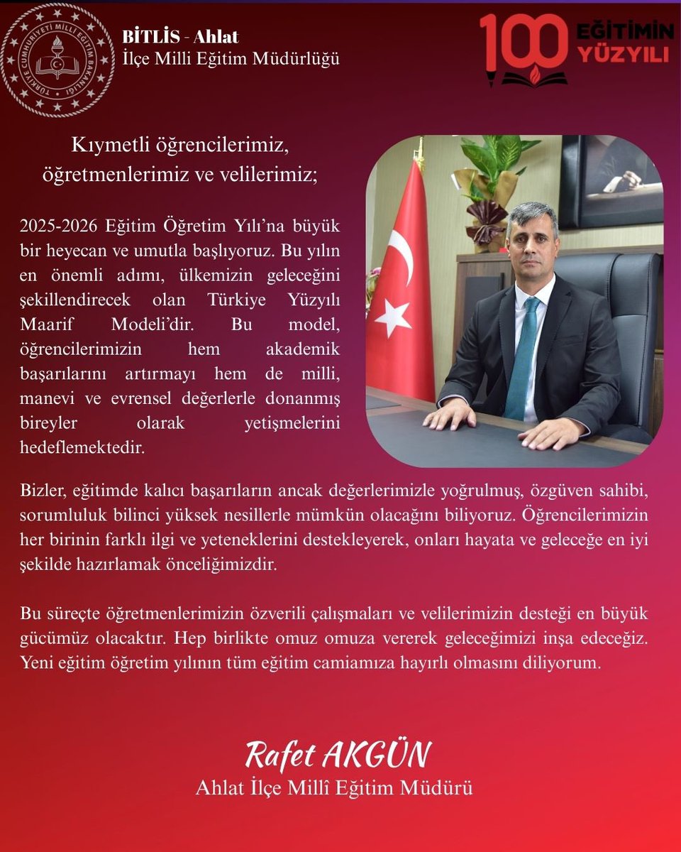 Ahlat İlçe Milli Eğitim (@ahlatilce) on Twitter photo İlçe Milli Eğitim Müdürümüz Sayın <a href="/rafetakgn1/">rafet akgün🟢🇹🇷</a> 2025/2026 Eğitim Öğretim Yılı Mesajı 🇹🇷
<a href="/tcmeb/">Millî Eğitim Bakanlığı</a> <a href="/Yusuf__Tekin/">Yusuf Tekin</a> <a href="/ahmetkarakaya37/">Ahmet Karakaya</a> <a href="/batuhan__bingol/">Batuhan Bingöl</a> <a href="/kayavedat7580/">Vedat Kaya</a> İlçe Milli Eğitim Müdürümüz Sayın <a href="/rafetakgn1/">rafet akgün🟢🇹🇷</a> 2025/2026 Eğitim Öğretim Yılı Mesajı 🇹🇷
<a href="/tcmeb/">Millî Eğitim Bakanlığı</a> <a href="/Yusuf__Tekin/">Yusuf Tekin</a> <a href="/ahmetkarakaya37/">Ahmet Karakaya</a> <a href="/batuhan__bingol/">Batuhan Bingöl</a> <a href="/kayavedat7580/">Vedat Kaya</a>