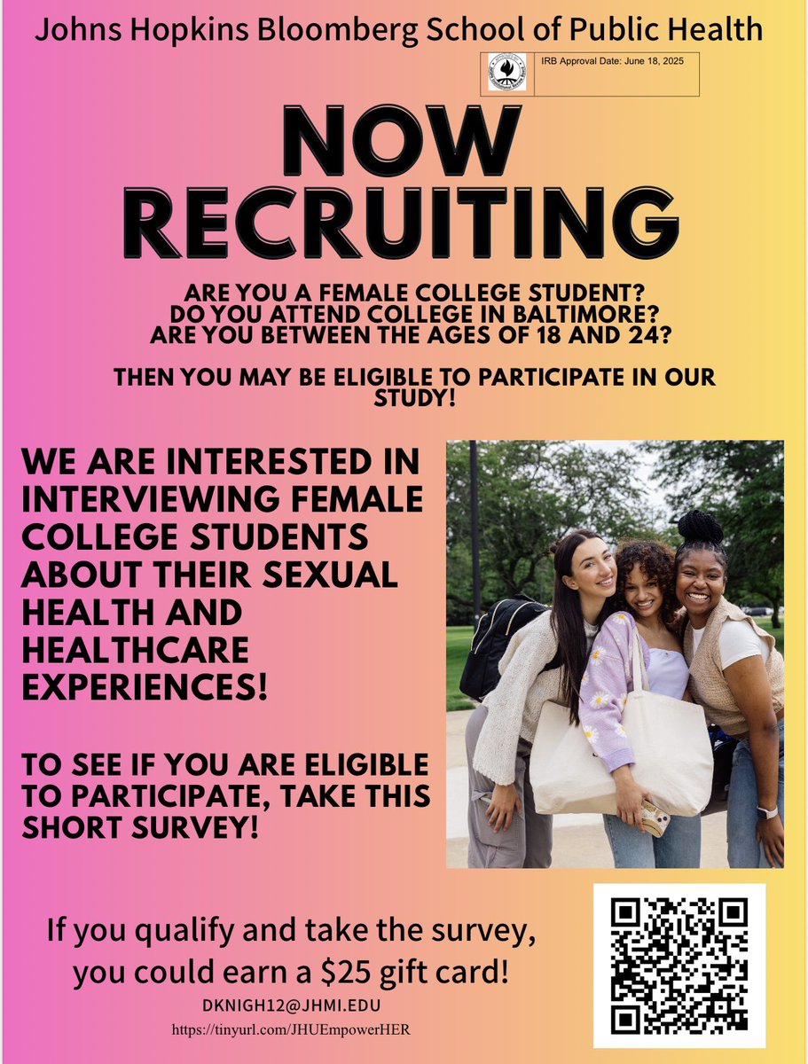 Seeking female college students in Baltimore to enroll in our study! See the flyer for more information.

tinyurl.com/JHUEmpowerHER
