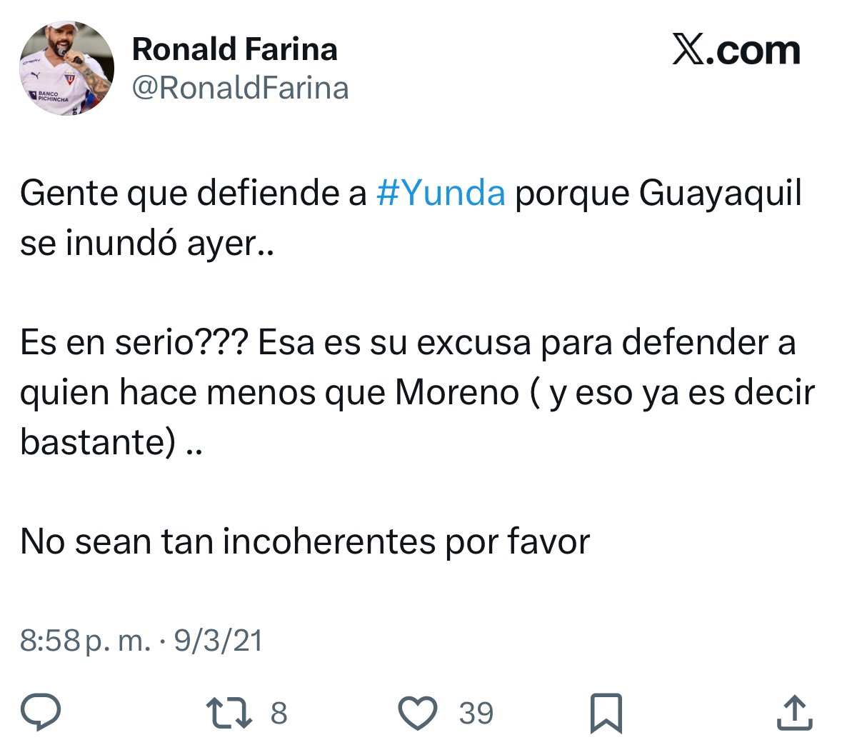 Bajo quien sabe que efectos de alcoholemia u otras sustancias se choca, daña bienes públicos, huye como cobarde y asoma como si nada, así este tipejo da opiniones de moral.
