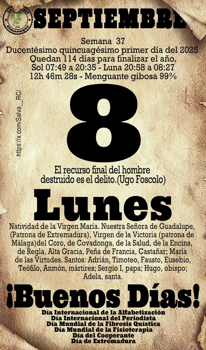 La hoja del almanaque. #lahojadelalmanaque #calendario #Calendariodiario #Santoral #sol #luna #frases #fraseDelDía #efemérides #Lunes #felizLunes #BuenosDías