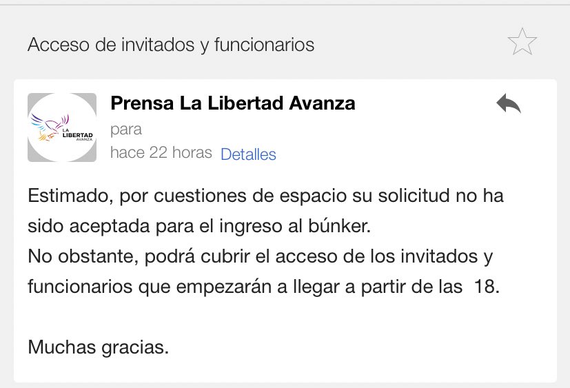 Mande en tiempo y forma la solicitud para acreditarme al búnker de <a href="/LLibertadAvanza/">La Libertad Avanza</a> y me contestan que no.  Argumentan que “por falta de espacio”, en el salón más grande de #LaPlata <a href="/radioulaplata/">Radio UNLP</a> #EleccionesEnPBA