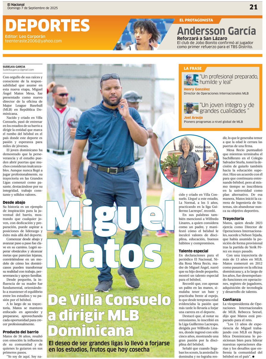 #Deportes | Con orgullo de sus raíces y consciente de la responsabilidad que asume en esta nueva etapa, Miguel Ángel Matos Mesa, fue presentado como nuevo director de la oficina de Major League Baseball (MLB) en RD.

ow.ly/NRLq50WSLhw

𝗦𝘂𝗱𝗲𝗹𝗸𝗮 𝗚𝗮𝗿𝗰í𝗮 

#MLB
