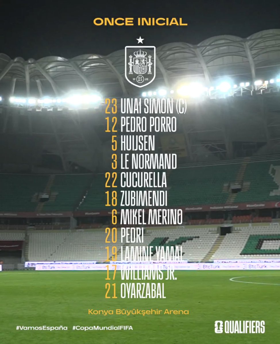 🚨 Martin Zubimendi &amp; Mikel Merino both START for Spain in their World Cup qualifier away to Turkey. David Raya is on the bench. ✅🇪🇸