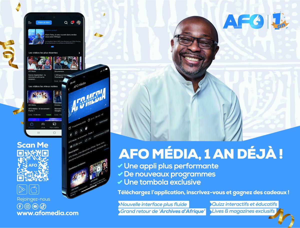 AFO MÉDIA – 1 AN DÉJÀ 🎉 Une appli plus performante. De nouveaux programmes. Une tombola exclusive...`

Téléchargez l’application, inscrivez-vous et gagnez des cadeaux !

✅ Nouvelle interface plus fluide
🎧 Grand retour de "Archives d’Afrique"
❓ Quizz interactifs et éducatifs