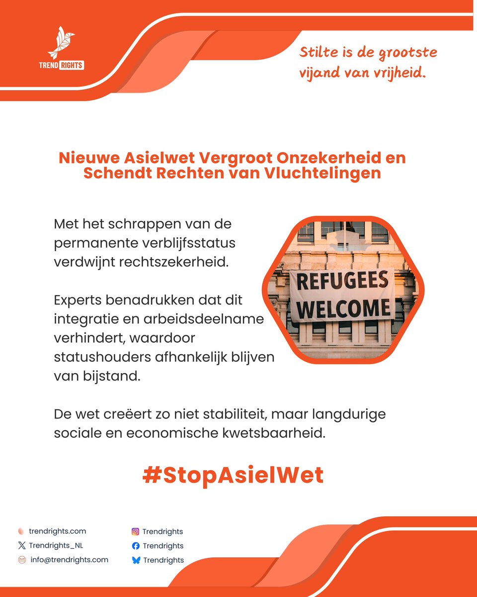 In de Senaat ligt een nieuwe asielwet.
Als deze doorgaat, moeten duizenden vluchtelingen leven zonder zekerheid en in permanente onzekerheid.
Hun leven wordt gereduceerd tot een “tijdelijke vergunning”. <a href="/hdoornhof/">Hugo Doornhof</a>

#StopAsielWet

<a href="/TrendRights_NL/">Trend Rights</a>
