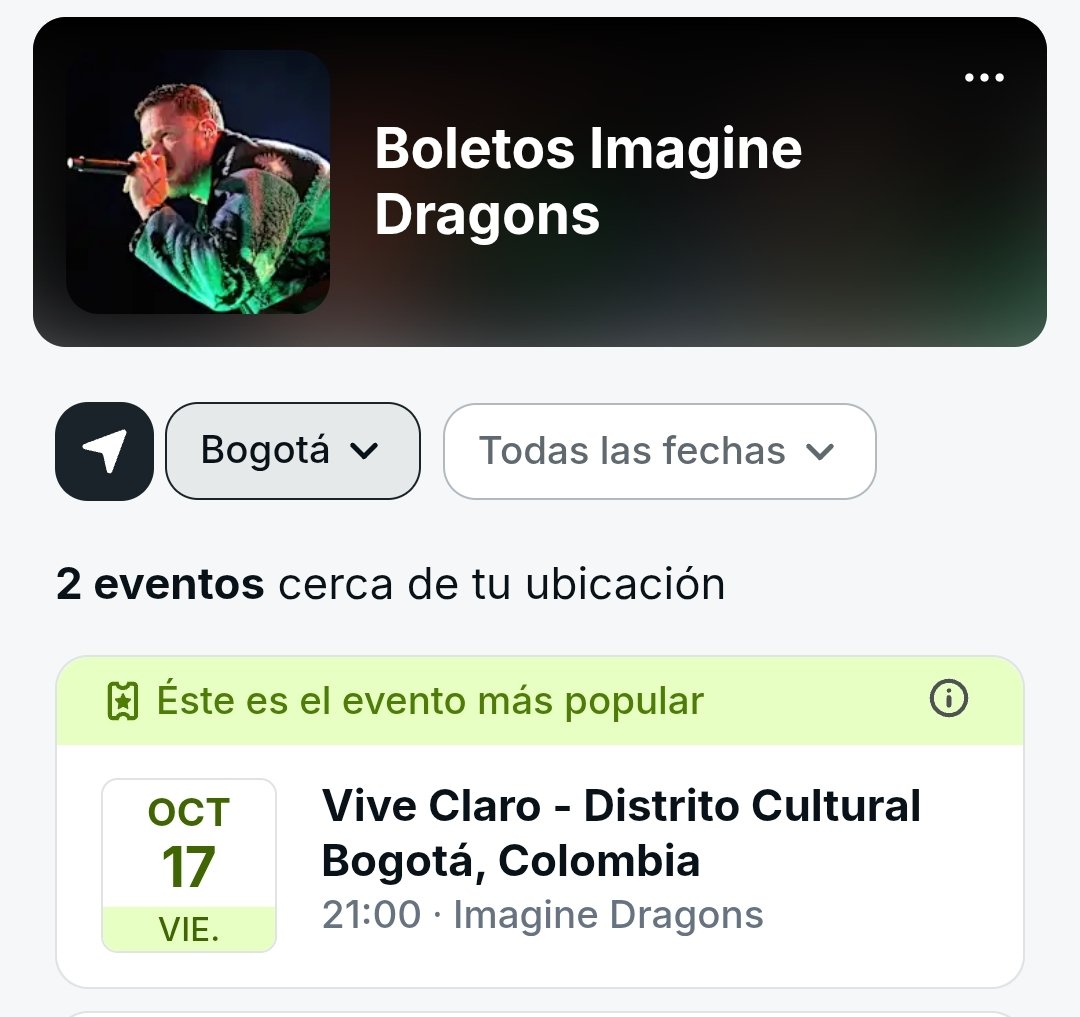 JulissaSassin's tweet photo. VENDO VENDO
Boletas IMAGINE DRAGONS
Cuando: octubre 17 - 2025
Dónde: Vive Claro
Localidad 120 sillas numeradas
Excelente Precio
#IMAGINEDRAGONS
#Concierto
#Bogota https://t.co/pB8kxip8F4