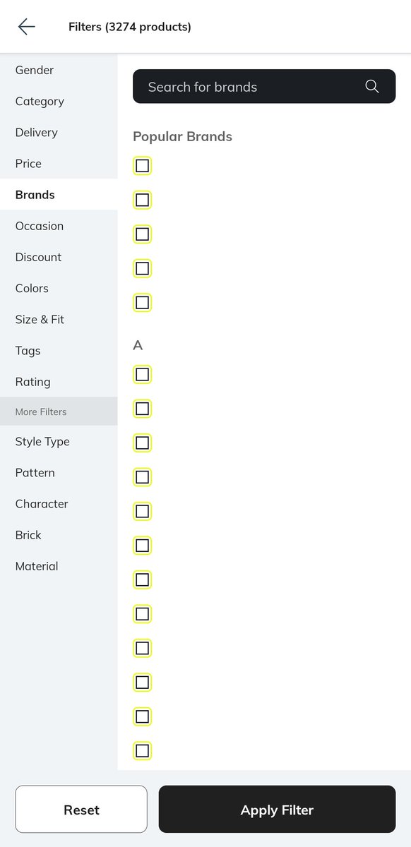avinashdotk's tweet image. filters are not visible in the ajio app.
Seems dev forgot to add background in the filter. 
@AJIOLife