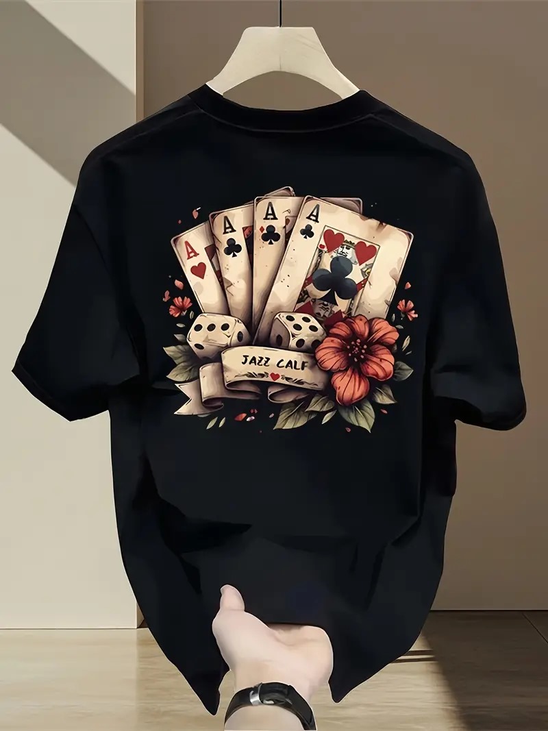 temporenar's tweet image. T-shirt lourd pour homme 180gsm - T-shirt graphique vintage poker carte et dé à coudre vert foncé, tissu respirant doux pour les soirées de jeu et les jours de loisirs - Chemise d'été ample pour adolescents et adultes (tailles S-3XL)