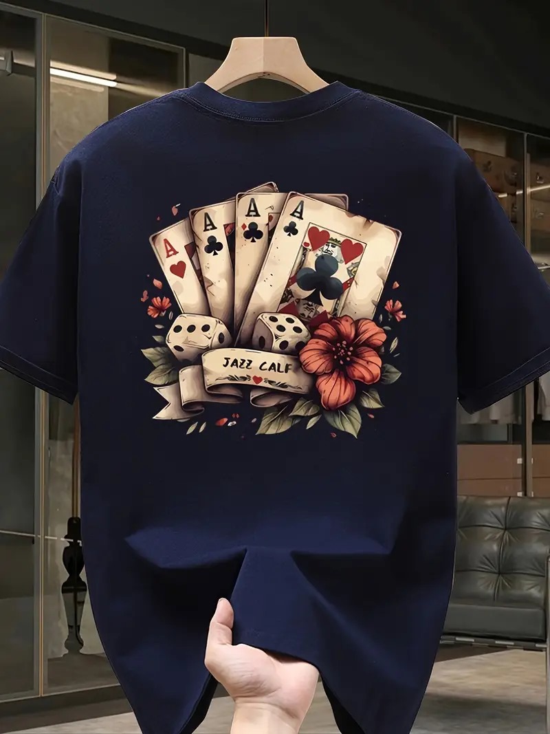 temporenar's tweet image. T-shirt lourd pour homme 180gsm - T-shirt graphique vintage poker carte et dé à coudre vert foncé, tissu respirant doux pour les soirées de jeu et les jours de loisirs - Chemise d'été ample pour adolescents et adultes (tailles S-3XL)
