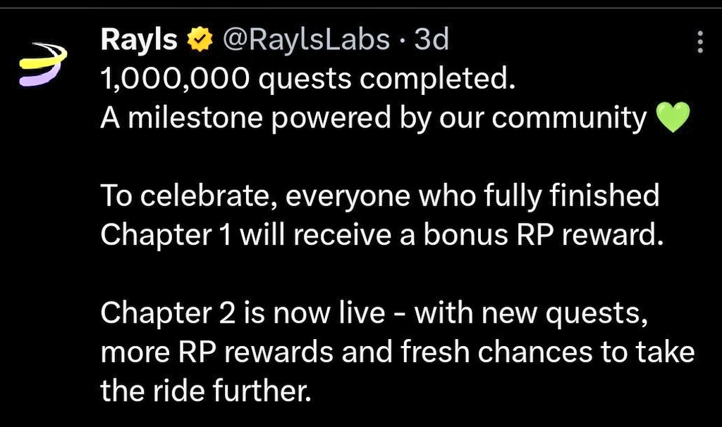 $Rayls Chapter 2 Points Program is Live!

✅Start:app.fuul.xyz/landing/rayls-…

All tasks are on Galxe. Click a task, complete it on the Galxe page, and the points will be credited to your account later.

Quiz Answers: C, B, C, B, D, C

<a href="/RaylsLabs/">Rayls</a> has raised $38M in total funding.