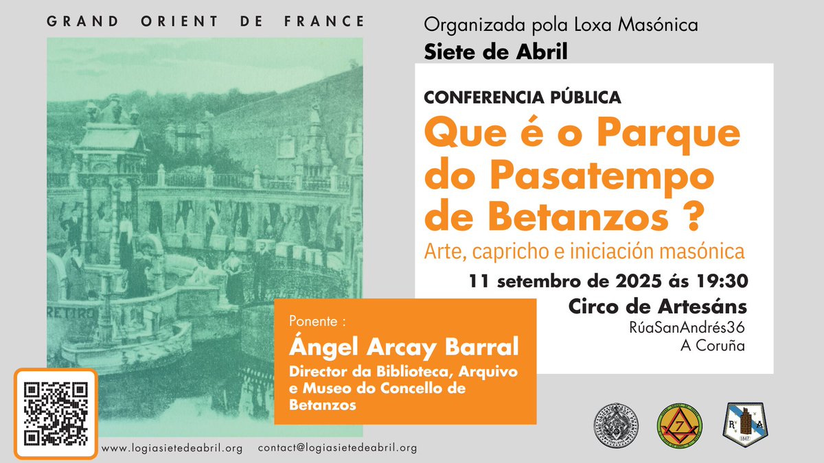 Conferencia Pública "Que é o Parque do Pasatempo de Betanzos?"
Oponente: Ángel Arcay Barral - Director da Biblioteca, Arquivo e Museo do Concello de Betanzos

Entrada libre ata completar aforo.

📅 Xoves, 11 de setembro
🕕 De 19:30 horas
📍 Circo de Artesáns, Rúa San Andrés, 36