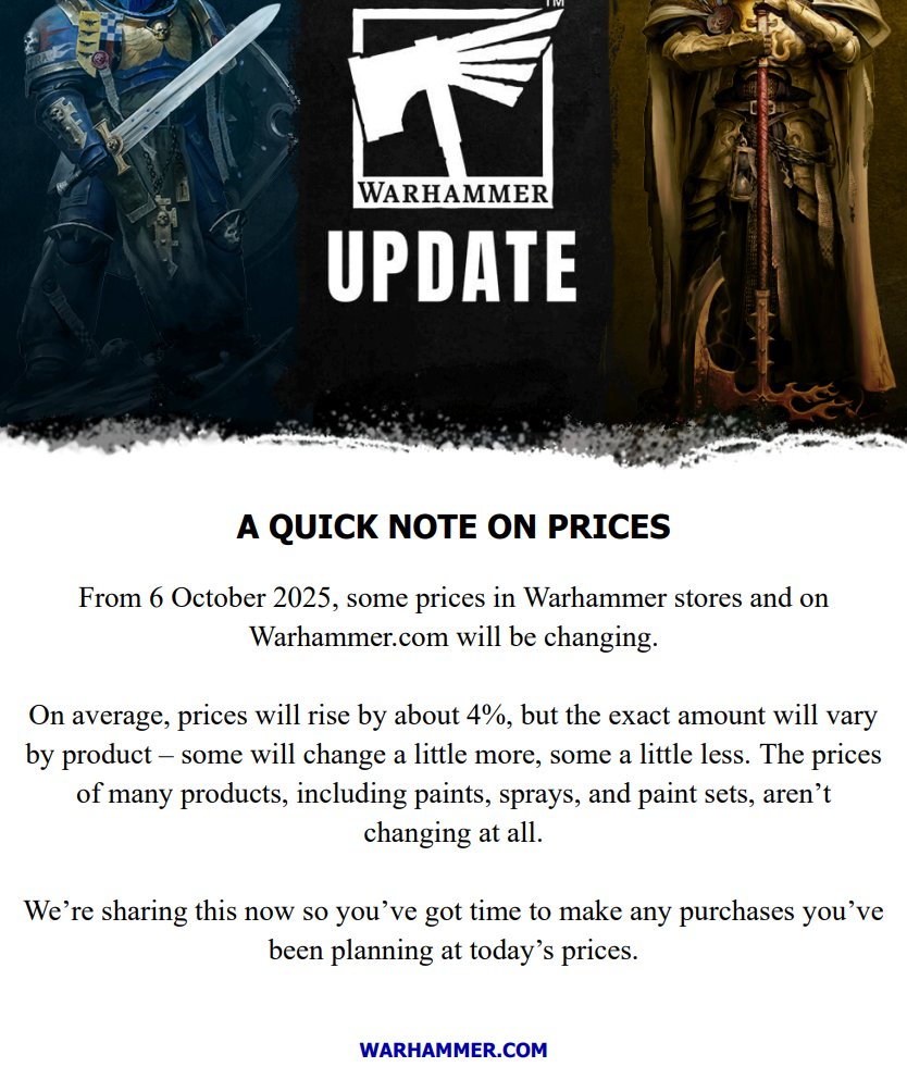 En una Newsletter reciente, Games Workshop ha anunciado que subirá los precios el próximo mes de Octubre. El incremento será de media un 4% en casi todos sus productos.

laguerradelanillo.com/el-juego/ultim…