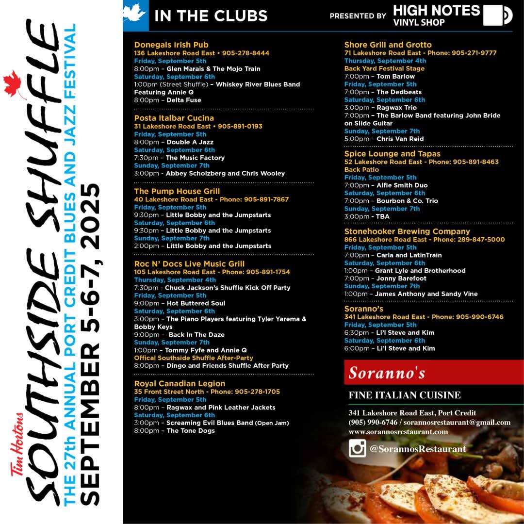 PortCredit_HCD's tweet photo. SOUTHSIDE SHUFFLE: *TODAY* Sun Sept 7 #PortCredit Blues & Jazz Festival at Memorial Park including 2 ποΈ stages; along Lakeshore Road + in the clubs π€π·πΆπΊπ #ShuffleON πΆ Full schedules for all locations: https://t.co/1c6lKDK5nO https://t.co/jxtJL3XWuB