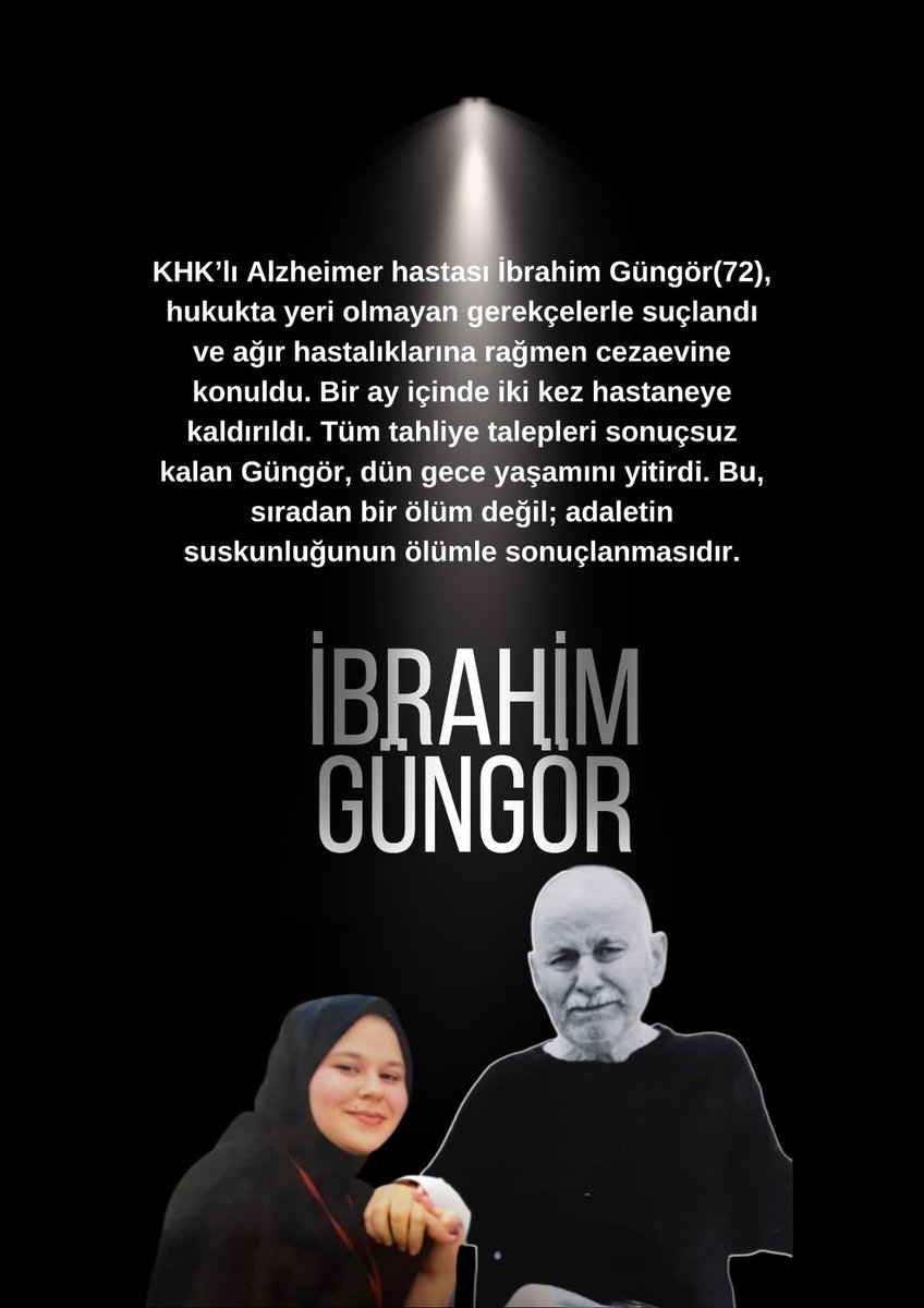 📢 ETİKET DUYURUSU

📅: 07.09.2025 |Bugün

🇹🇷:21:00
🇪🇺:20:00
🇺🇸:14:00(NY)

İbrahim Güngör, ağır hastalıklarına rağmen tahliye edilmedi ve dün gece hayatını kaybetti. Bu ilk değil; 150’den fazla mahpus cezaevinde vefat etti.

Adalet Bakanlığı’na acil eylem planı çağrısı yapıyoruz.