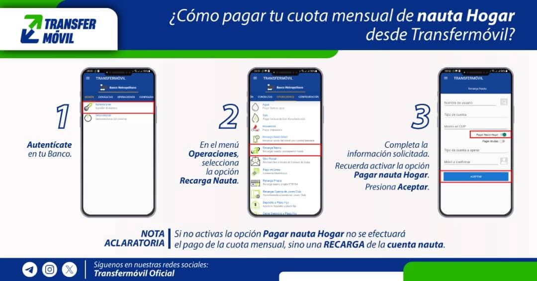 🏡En la imagen puedes ver cómo pagar tu cuota mensual de #Nauta_Hogar desde casa por #Transfermóvil📲, en solo 3️⃣ pasos.
🔸 No olvides marcar la opción "Pagar nauta Hogar" para que todo sea un éxito. ✔️
🔸Por esta vía obtendrás un 10% de descuento! 💰
#EtecsaConCuba