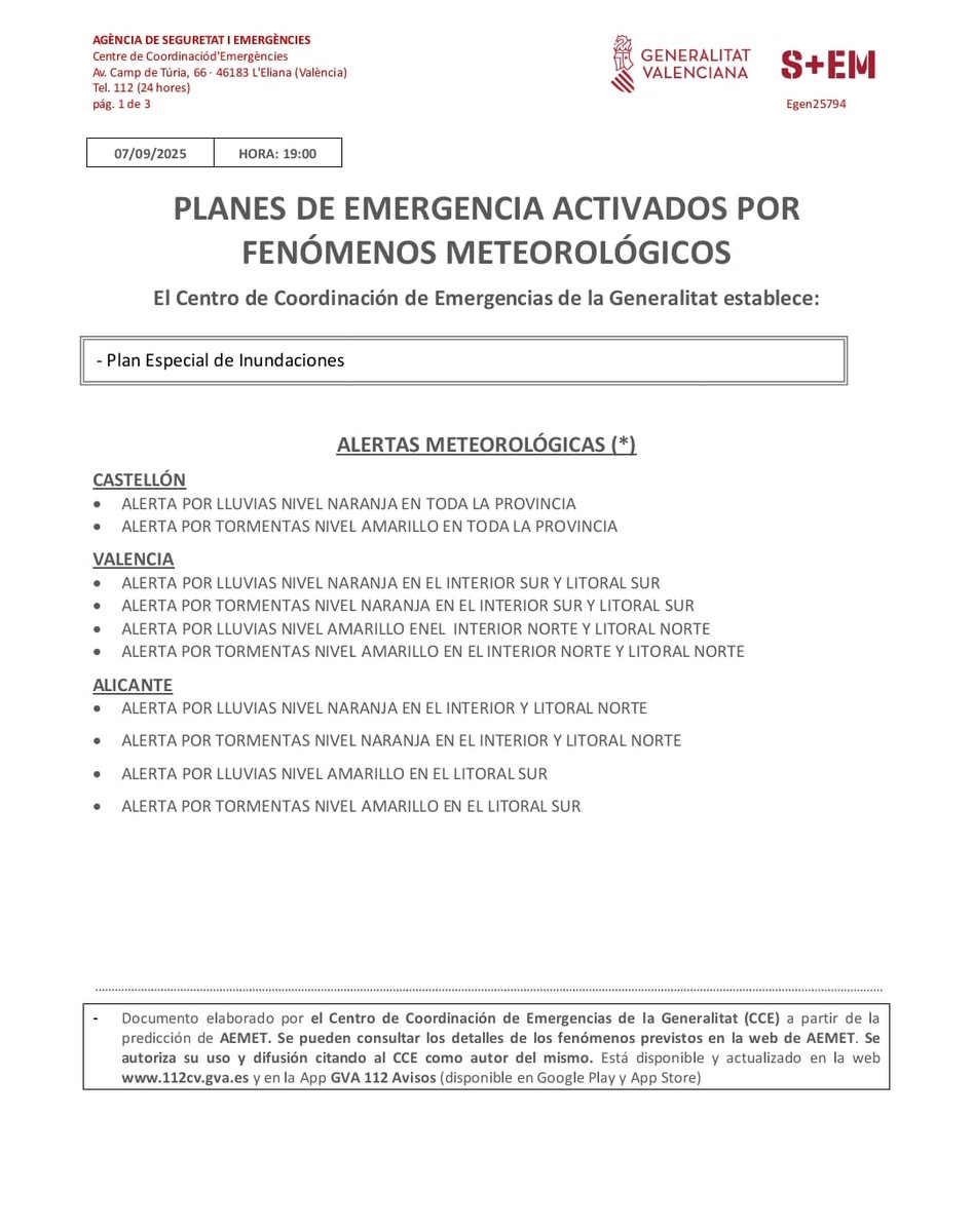 (19:00 h) ⚠️El Centro de Coordinación de Emergencias establece los siguientes fenómenos meteorológicos y alertas:  

🟠🌧️Alerta por lluvias nivel naranja en toda la provincia de Castellón, en el interior sur y litoral sur de Valencia y en el interior y litoral norte de Alicante.