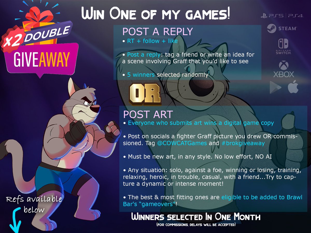 🎁 BIG DOUBLE GIVEAWAY 🎁
Enough of the croc. Let the kitty be the hero 🐈‍⬛

🏆 Win ANY of my released games (yes, also Brawl Bar!)

Two ways to join
1️⃣ Like + RT + Reply below → 5 winners
2️⃣ Draw/commission Graff art → everyone wins!