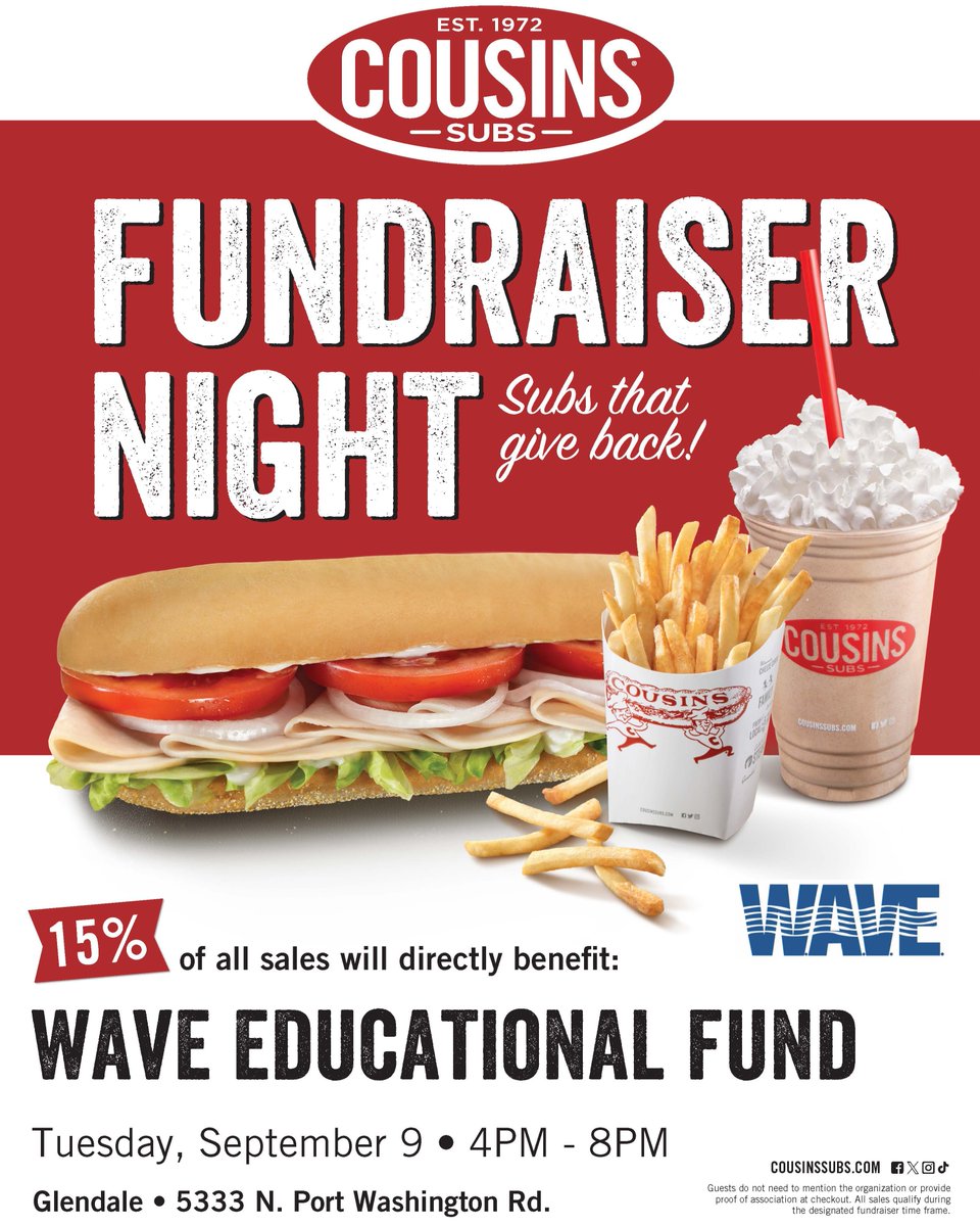 WaveEdFund's tweet image. Stop by the Cousins Subs in Glendale any time between 4:00-8:00 on Tues, September 9 and 15% of what you spend will be donated back to #WaveEdFund. We're grateful for the support of the folks at Cousins, and YOU for showing up!