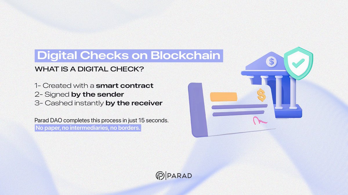 prddao's tweet image. 🚀 Digital checks meet blockchain!
Created with smart contracts, signed by the sender, and cashed instantly by the receiver all in just 15 seconds.

No paper, no intermediaries, no borders. 🌍

#Web3 #DeFi #Blockchain #ParadDAO #DigitalChecks