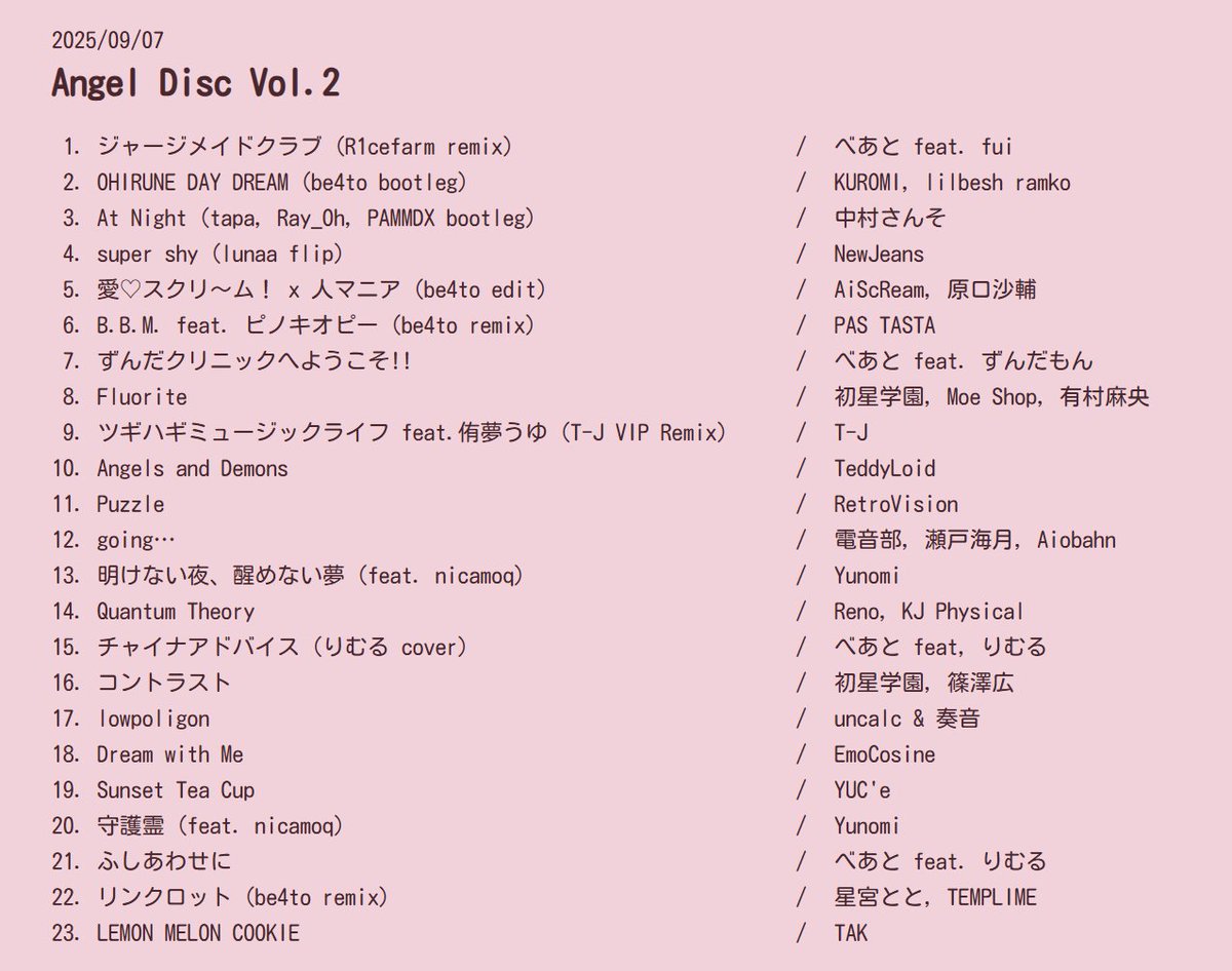 be4to_'s tweet photo. #AngelDisc Vol.2
今回のDJセトリです!
私の思うkawaiiを詰め込みました https://t.co/ObPViCk7Id