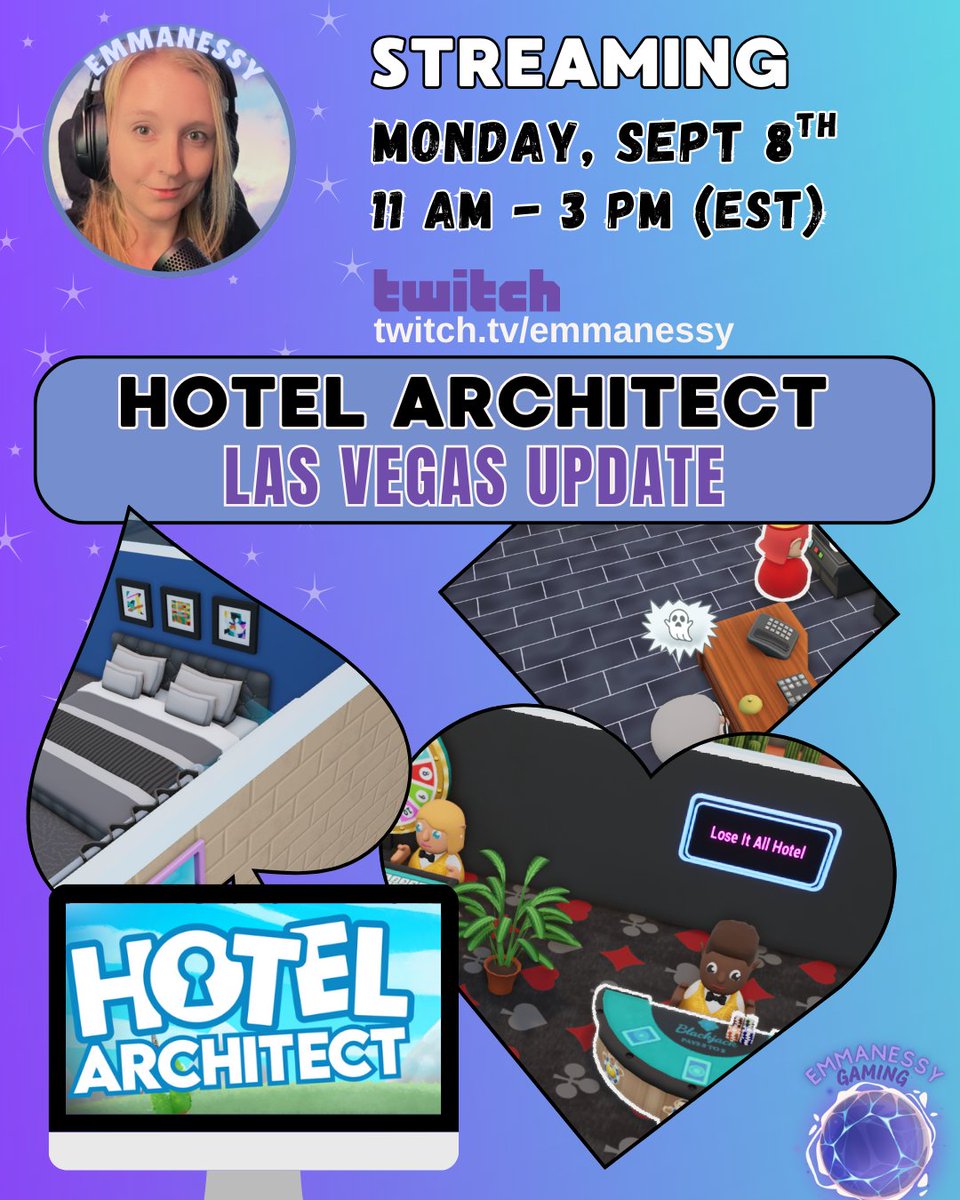 This will be fun!
Going live on Twitch
twitch.tv/emmanessy on Monday at 11 am EST to play Hotel Architect with the new Las Vegas update!!

I've been playing this game off stream and loving it! <a href="/_HotelArchitect/">Hotel Architect</a>

#HotelArchitect #twitch #streaming #gaming