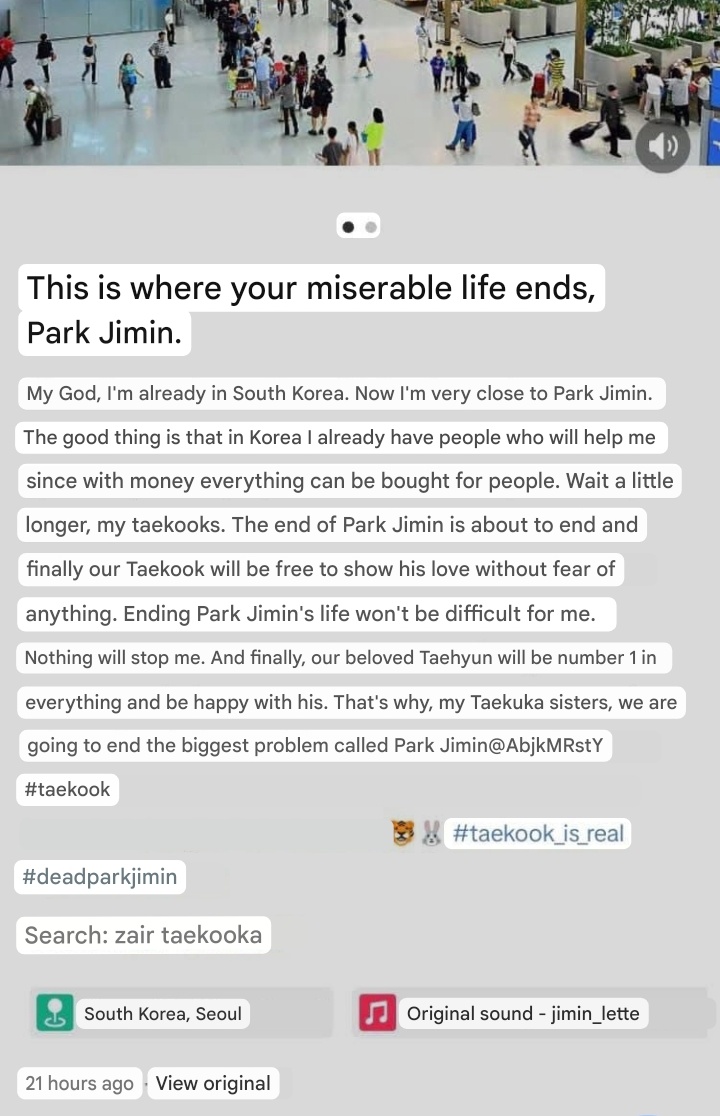 🚨 긴급: 어떤 태국커 팬이 박지민의 생명을 직접적으로 위협하는 글을 올렸습니다.
이건 단순한 팬덤 싸움이 아니라 살해 협박입니다.
HYBE는 지금 당장 박지민을 보호하기 위한 조치를 취해야 합니다.
얼마나 더 심각해져야 움직입니까?
<a href="/BIGHIT_MUSIC/">BIGHIT MUSIC</a> <a href="/bts_bighit/">BTS_official</a> <a href="/BTS_twt/">방탄소년단</a> <a href="/HYBEOFFICIALtwt/">HYBE OFFICIAL</a>