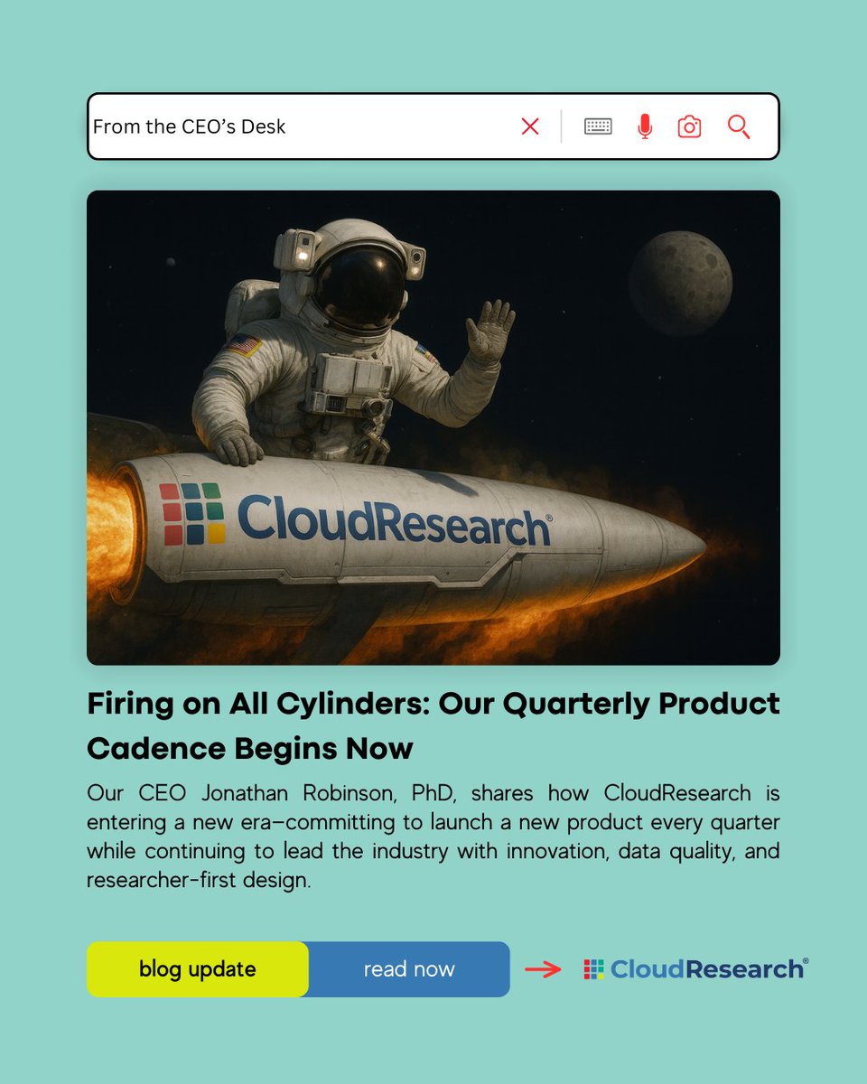 CloudResearch's tweet image. ✨ The future of research is here and CloudResearch is leading the way! We’re shaping how the world understands human behavior. Discover more: cloudresearch.com/resources/blog…
#ResearchInnovation #ResearchTech #InnovationInResearch #dataquality #onlineresearch #FromtheCEOsDesk