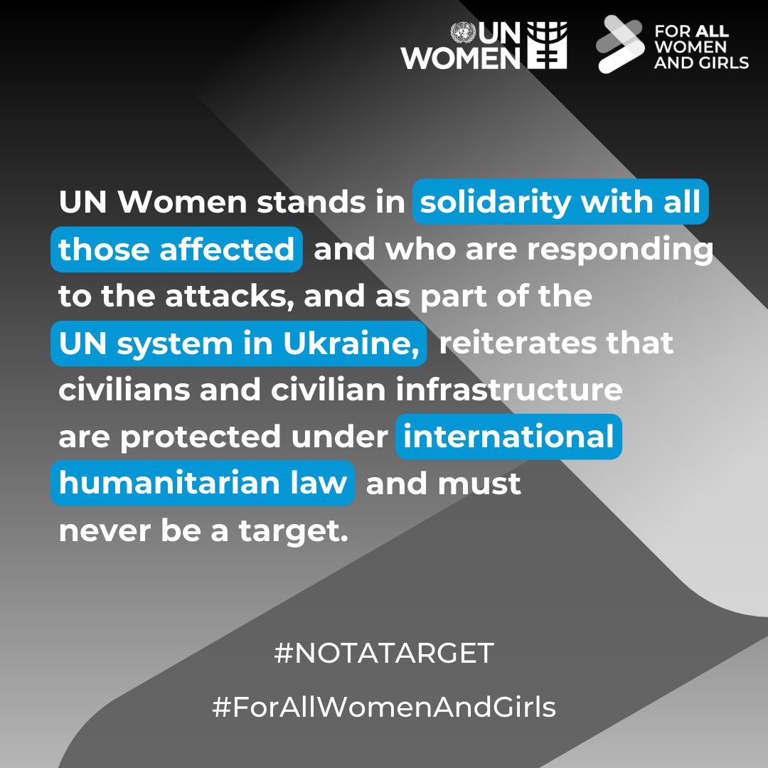 Civilians and civilian infrastructure are protected under international humanitarian law and must never be a target. 

Full statement by <a href="/unwomenukraine/">UN Women Ukraine</a> on 7 September 2025 attacks: unwo.men/4yPI50WSLF1