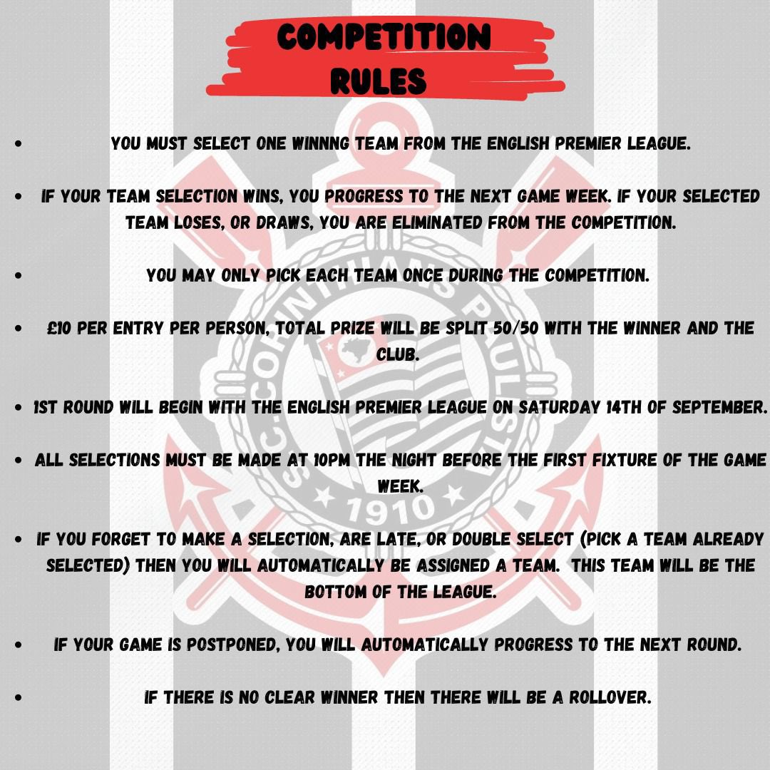 corinthiansafc_'s tweet image. ⚽️ Corinthians AFC Last Man Standing ⚽️

As part of our continued fundraising, we’re running a LMS from this coming Premier League game week onwards.

To anyone who wants to get involved, it’s a chance to win some money and support the team.

Feel free to drop us a DM if you want…