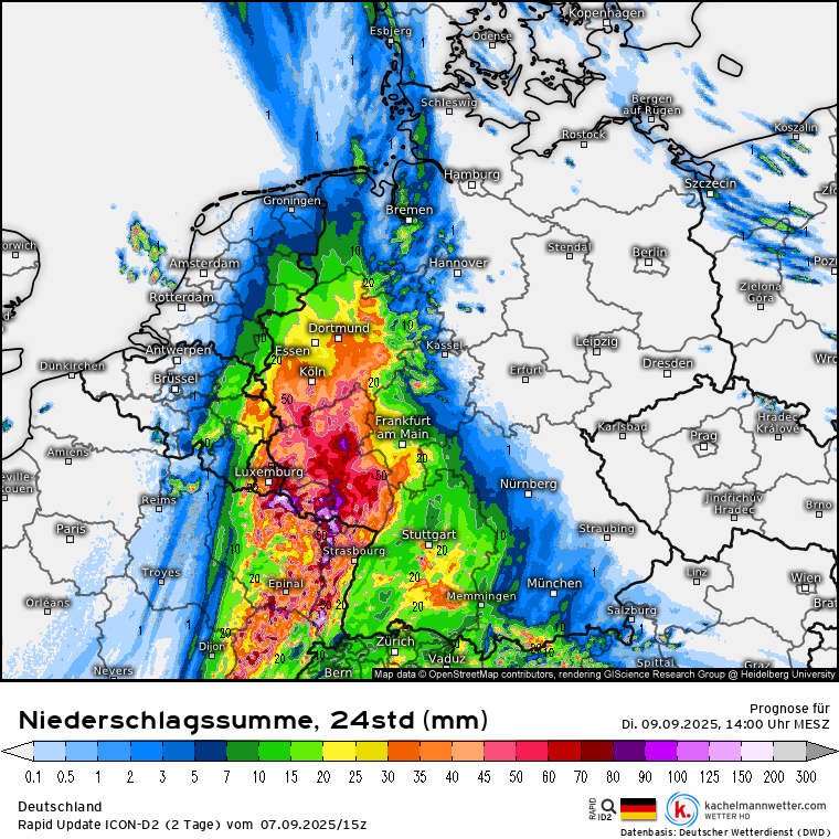 Vorwarnung ab der Nacht auf Dienstag - Starkregenunwetter

Wir sehen leider einige besorgniserregende Berechnungen heute Abend mit 50 bis 100 mm in wenigen Stunden im Westen. Demnach RP und Saarland mit Gefahr von Überschwemmungen, Sturzfluten an kl. Bächen/Flüssen! 1/3