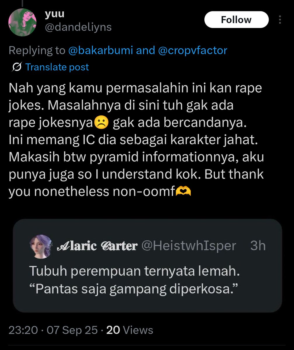 cropvfactor's tweet image. here tentang ini.

ada yang menarik dari statement ini, dimana sebuah narasi yang tendensius berbahaya dan misoginistis dipatahkan dengan alasan "IC dia karakter jahat."