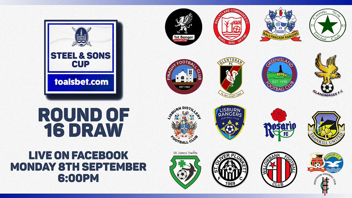 𝗗𝗥𝗔𝗪 𝗥𝗘𝗠𝗜𝗡𝗗𝗘𝗥 🏆

A reminder that the Round Of 16 draw for the ToalsBet.com Steel &amp; Sons Cup will take place live on our Facebook tomorrow evening at 6:00pm.