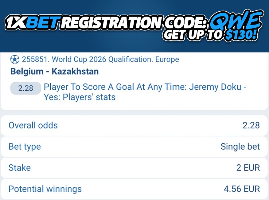 Jeremy Doku will score against Kazakhstan.

Odds: 2.28❗️

Registration Promo Code (130$ bonus) = "QWE" 🎁

Mobile App: reffpa.com/L?tag=d_427109…

#Betting #BELKAZ #Gambler