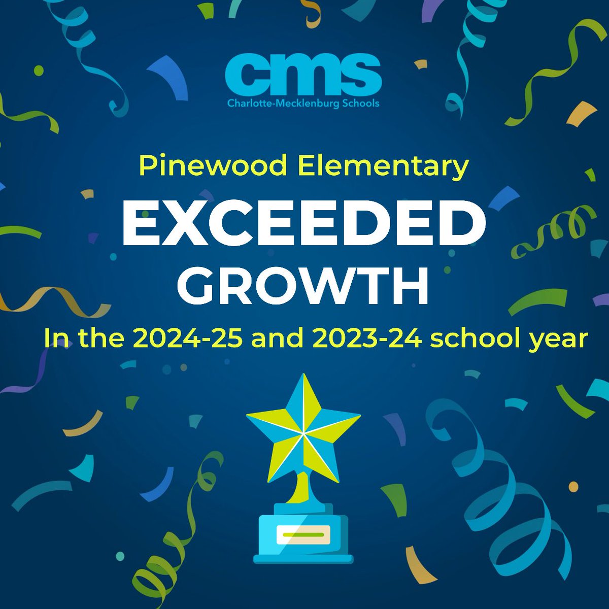 PinewoodEle704's tweet photo. 🎉 Pinewood Elementary has exceeded growth for the second year in a row
AND… we’ve surpassed the CMS Goal 1 target in K–2 reading! So proud of our students, staff &amp; families. 💙🐾💛
#FullSpeedAheadNoLimits https://t.co/ciCj3H41hx
