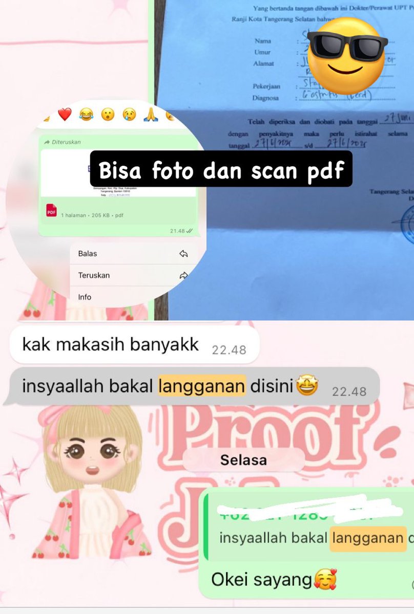 Halo sayang surat sakit open lagi ya😍
Kontrol/berobat
Surat sehat 
Resep obat
Rawat inap
Psikolog
Kwitansi/invoice
Hasil laboratorium
Surat lain request
✅Stempel basah (klinik /dokter)
✅Dokter sesuai fakes/rs
✅Hasil foto/scan
#suratsakit #suratdokter #zonauang️️ #joki