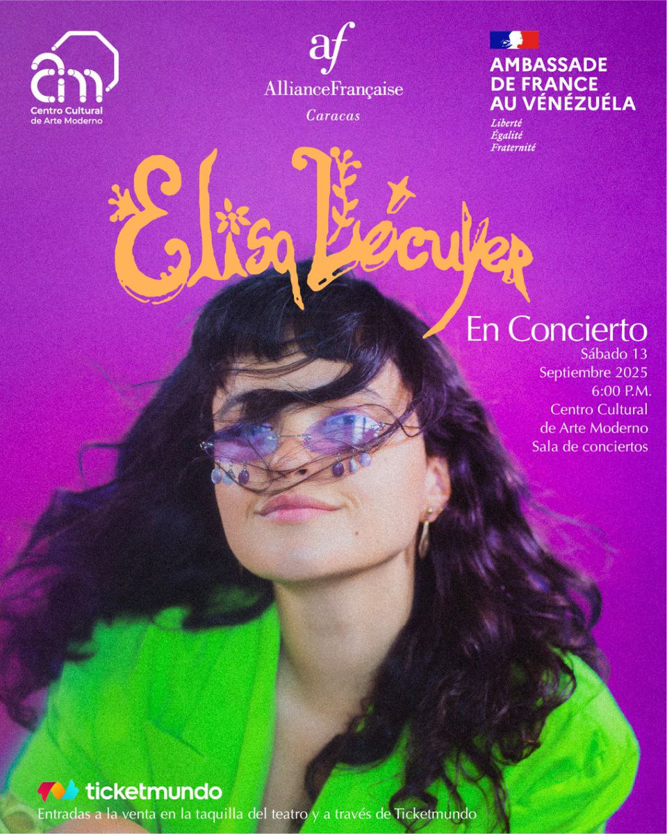 #CarteleraDeLaSemana

⚫ Taller de manga, viernes 12 a las 2:00 p.m.
inscripción previa.
⚫Elisa Lecuyer en concierto, sábado 13 a las 6:00
p.m. Entradas a disponibles a través del sitio web
ticketmundo.com.ve. y en la taquilla del teatro.