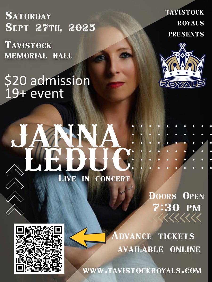 Be sure to grab your tickets for this months concert featuring country artist Janna Leduc!  Tickets available taviroyals@gmail.com or stop by South Easthope Insurance in Tavistock.