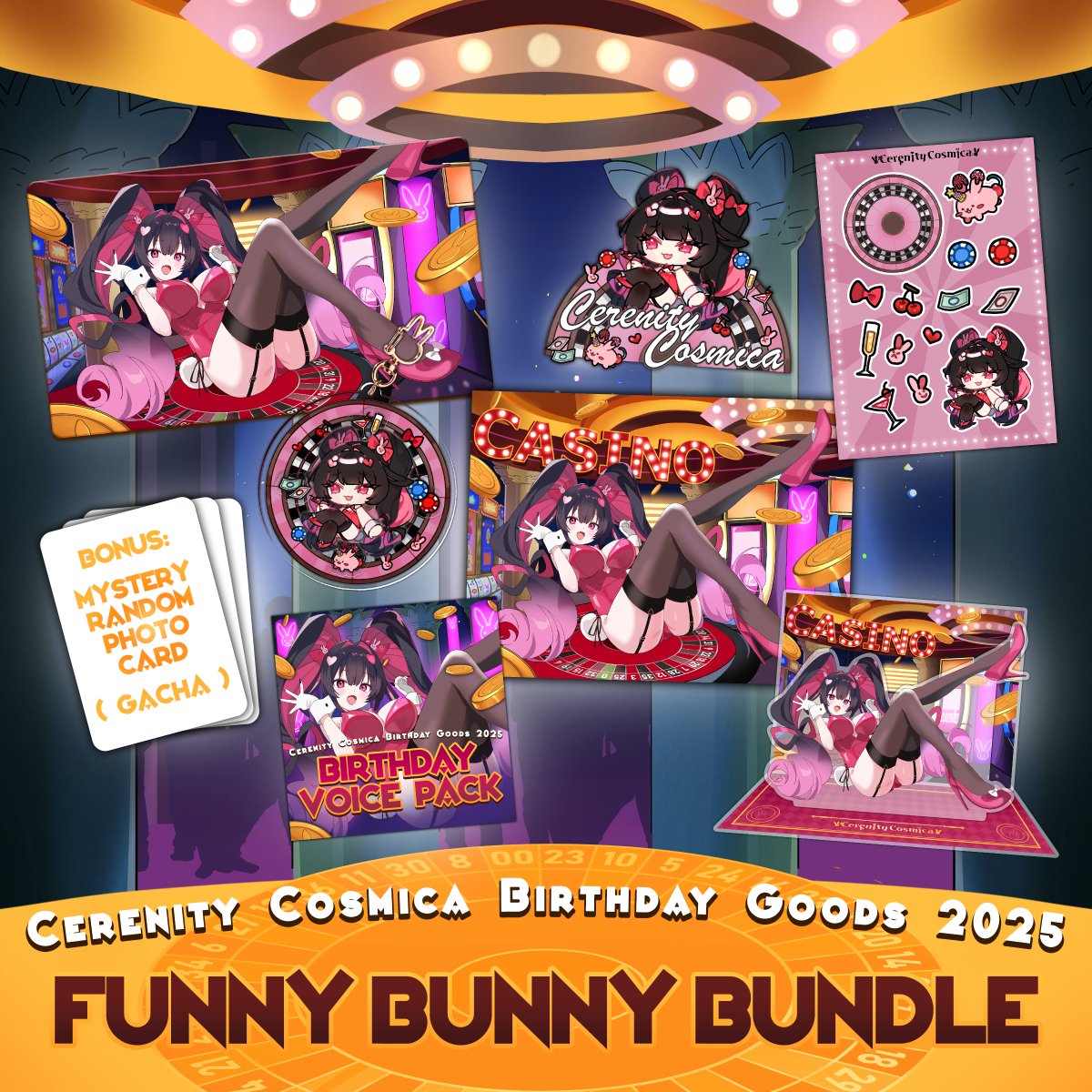 ITS YOUR LUCKY DAY!!! &gt;w&lt;
🍰FUNNY BUNNY BIRTHDAY MERCH IS HERE!!💞
LET ME BE YOUR LUCKY CHARM WITH THIS SUPER FUN CASINO THEMED MERCH DROP! &gt;w&lt; 

Thank you again so much to Kawa for helping make all this happen!! 💖

BUY IT HERE 
merch.kawaentertainment.com/collections/ce…
